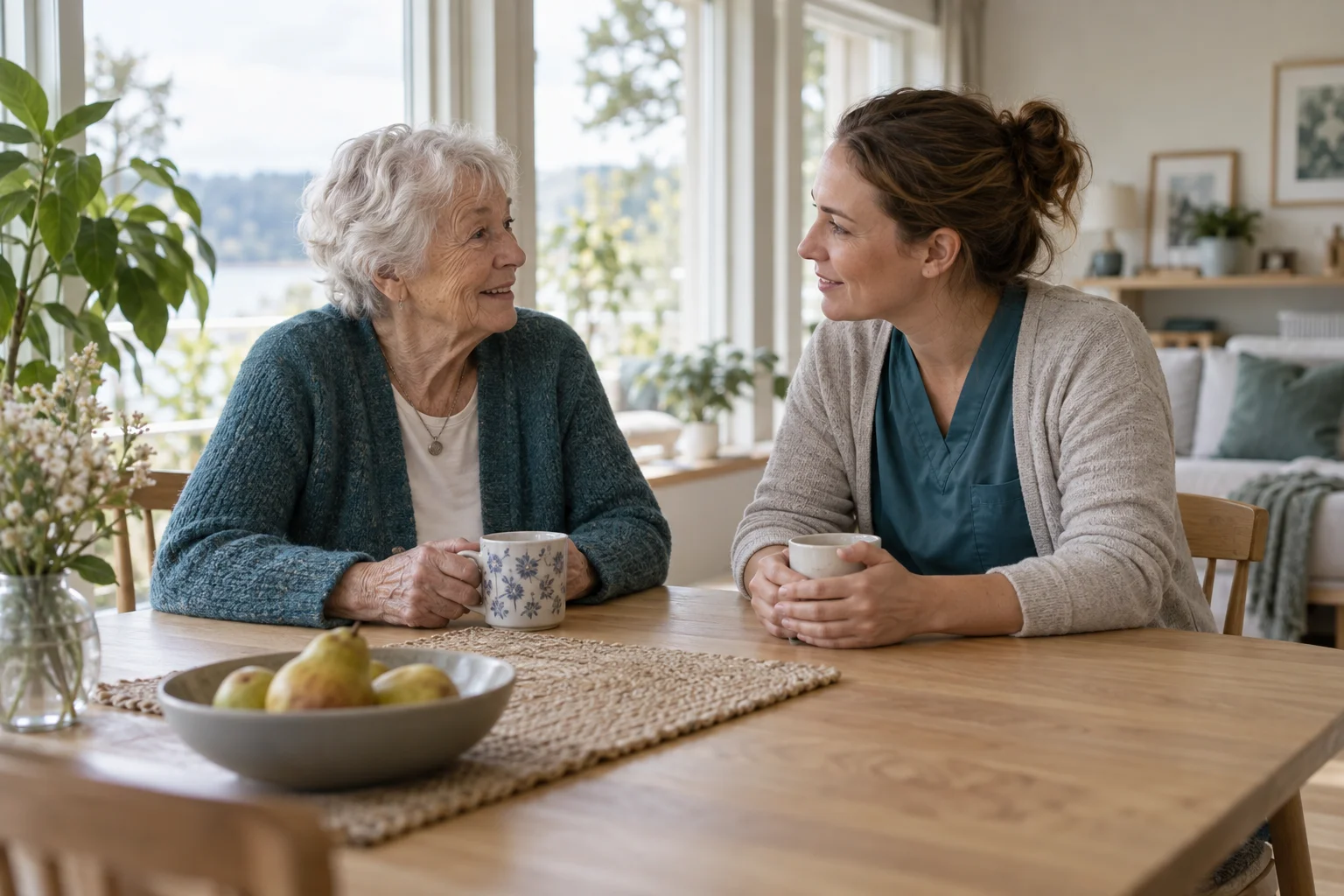 An older woman and a caregiver talking together at a table in a bright home.