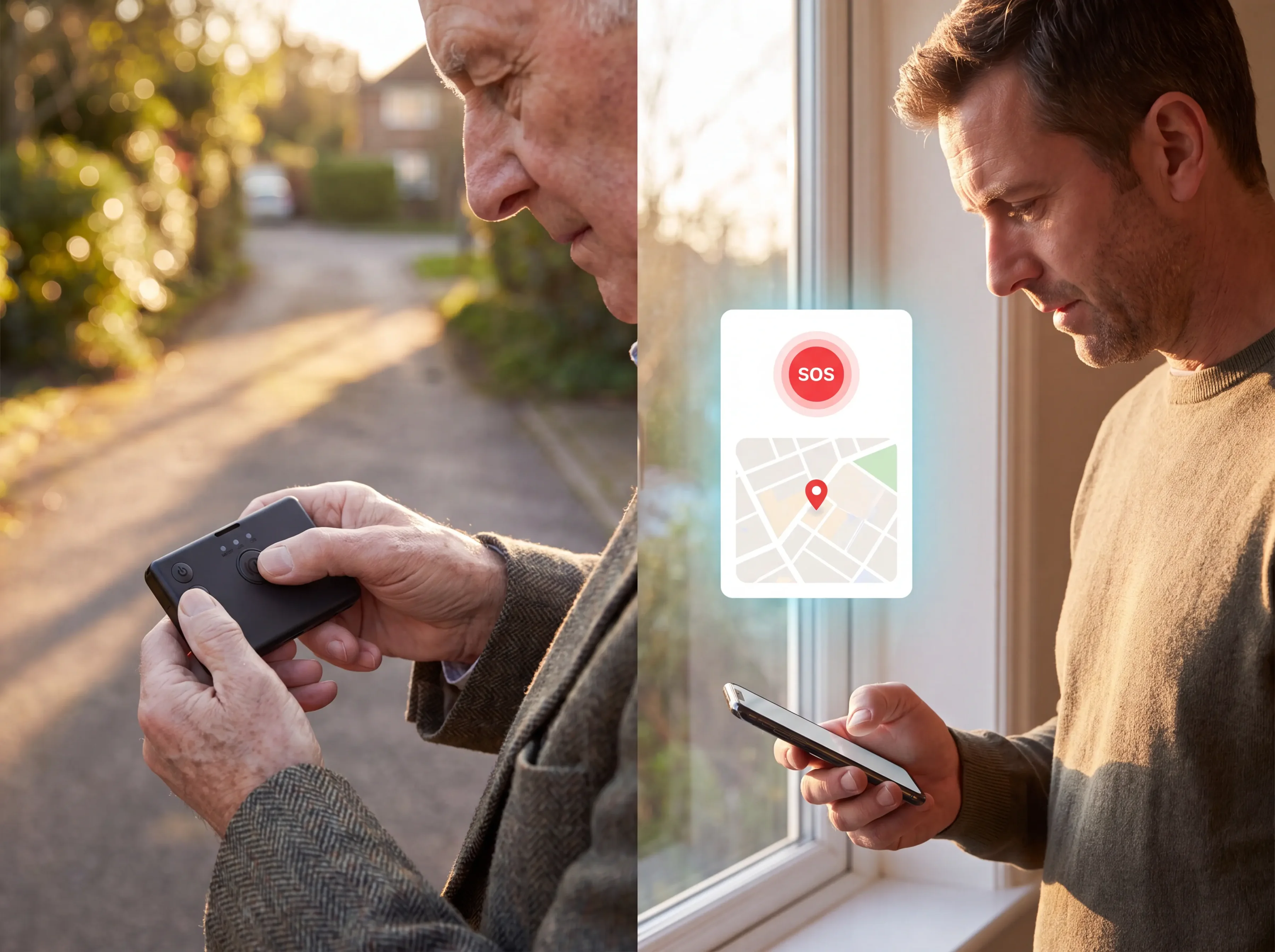 Eakas inimene vajutab Guardian GPS Jälgija SOS-nuppu ja lähedane saab asukohateavituse
