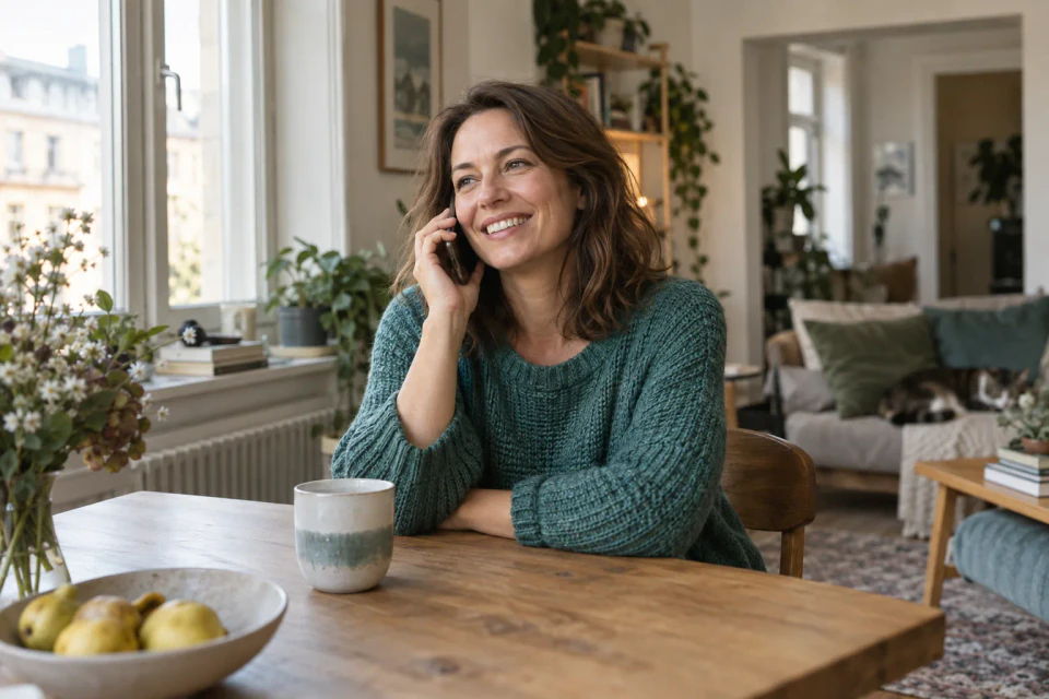 An adult daughter enjoying a relaxed phone conversation by her window.
