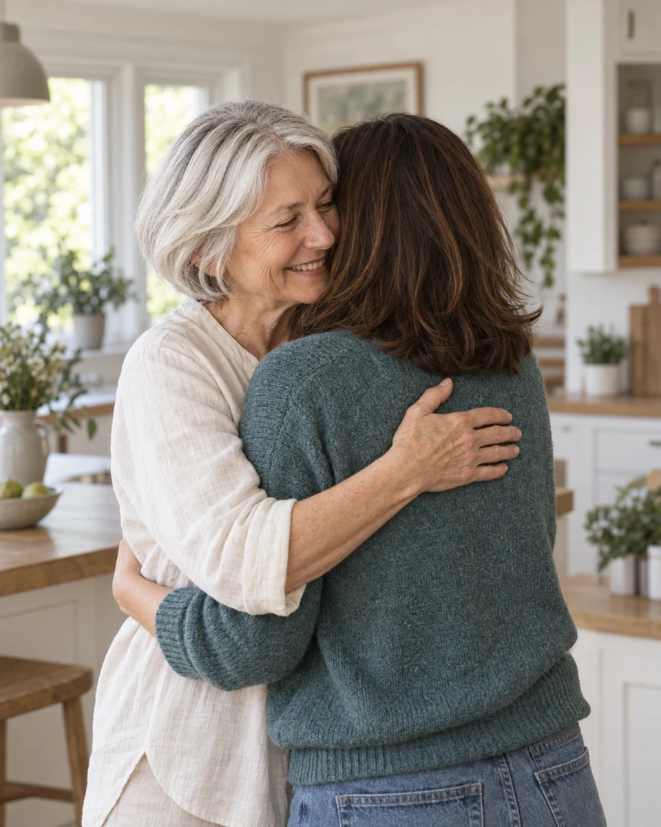 A mother and daughter sharing a warm hug in the kitchen.