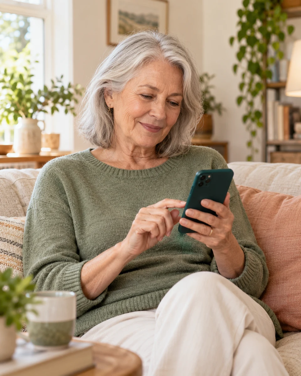 Een oudere vrouw gebruikt ontspannen haar smartphone thuis.