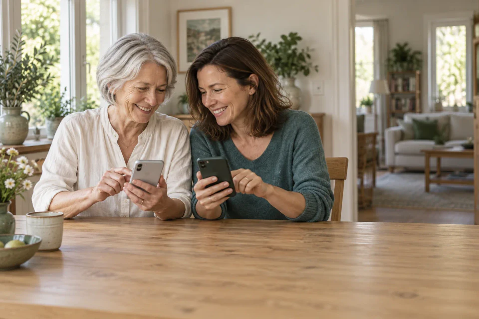 A mother and daughter sitting together to set up their phones.
