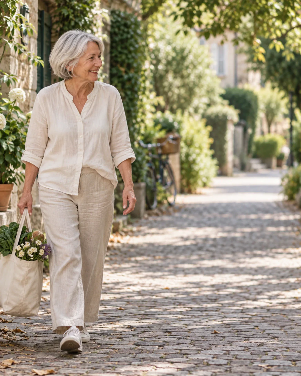 A woman enjoying a morning walk through her leafy neighbourhood.