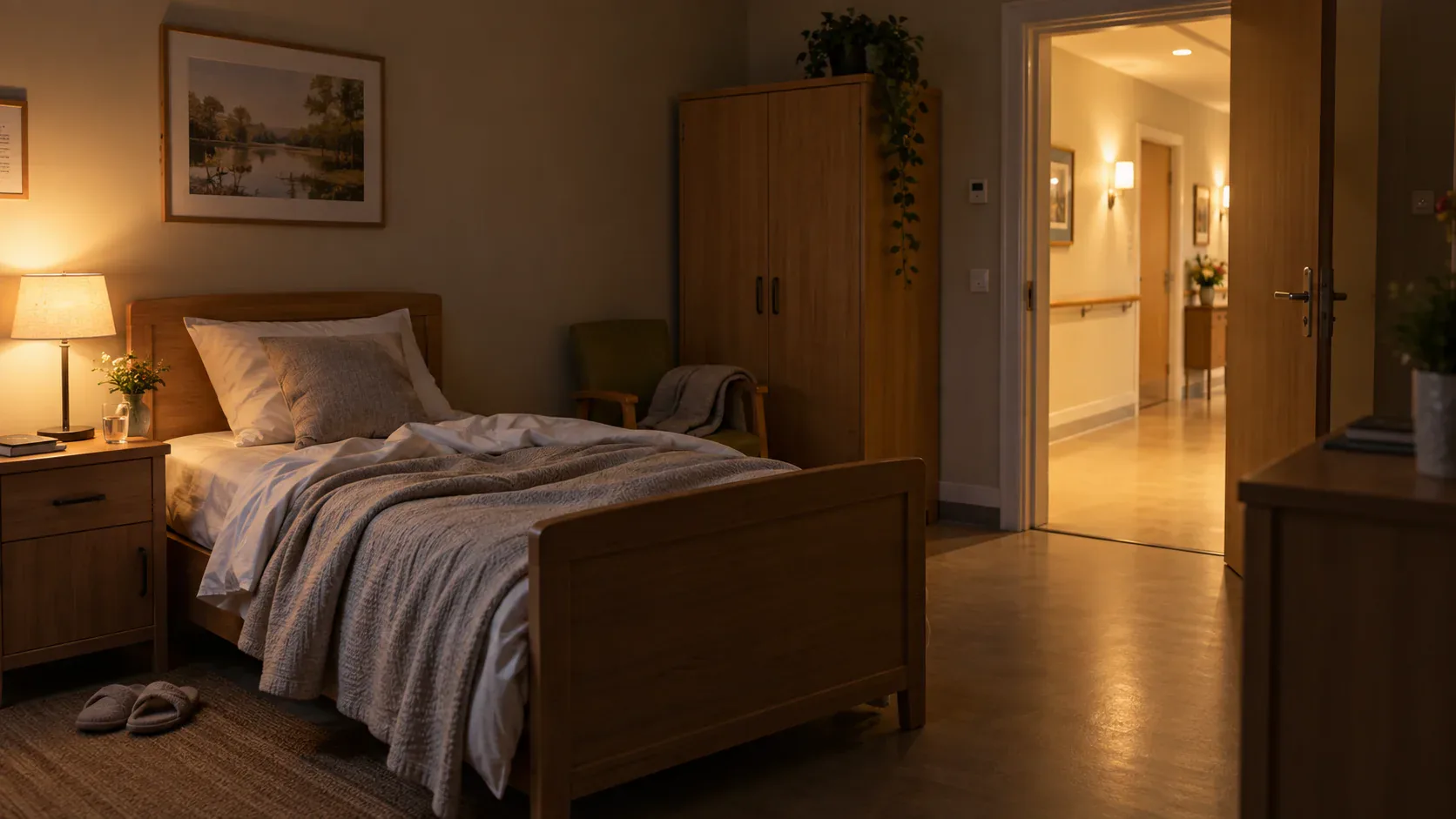 An empty care-home bed with the covers turned back at night