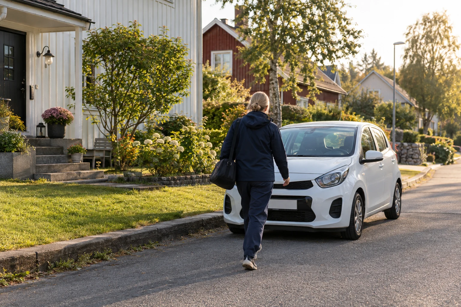 A community worker walking from a home towards a service car