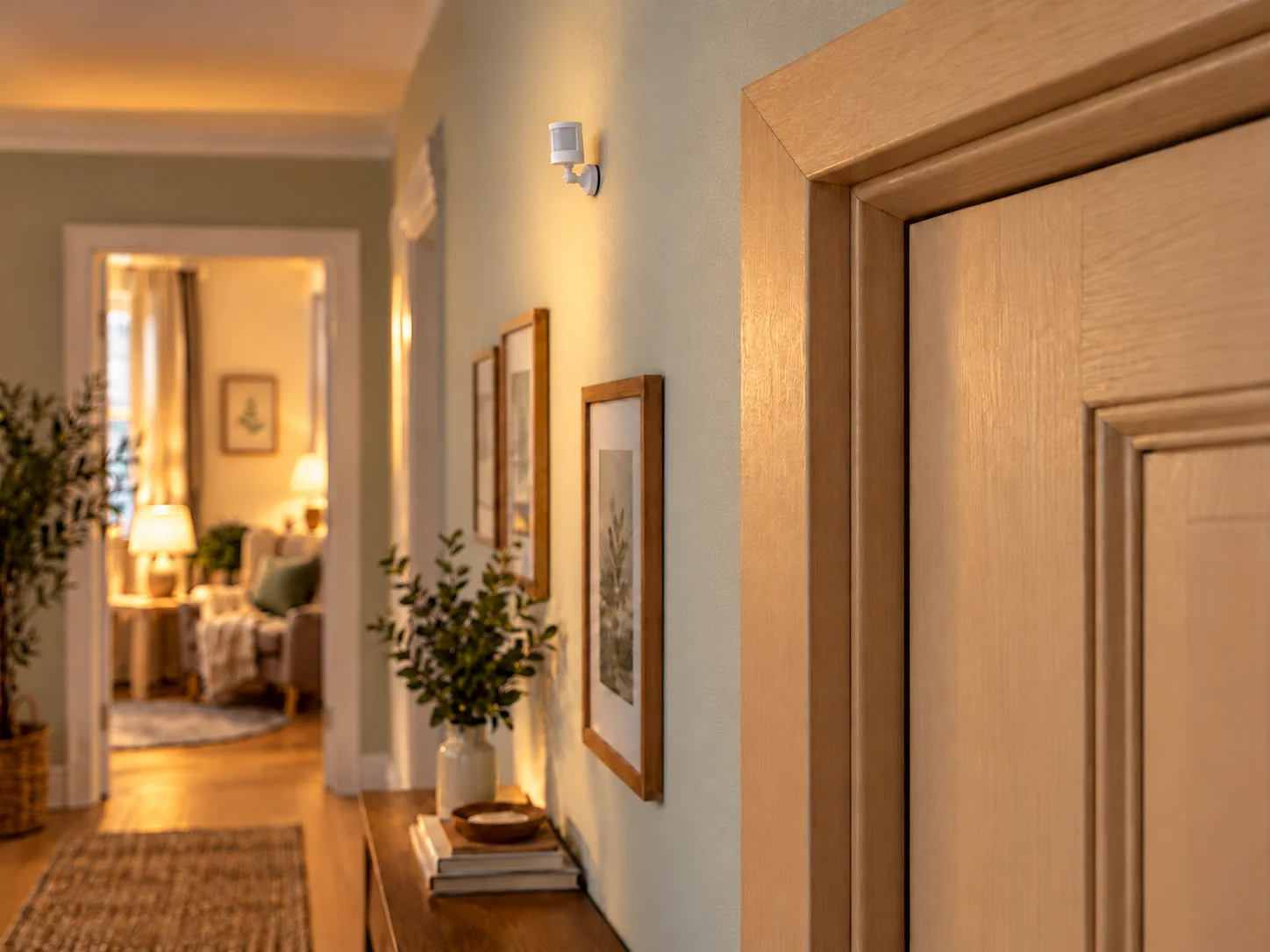 Illustrative scene of a motion sensor in a softly lit care corridor