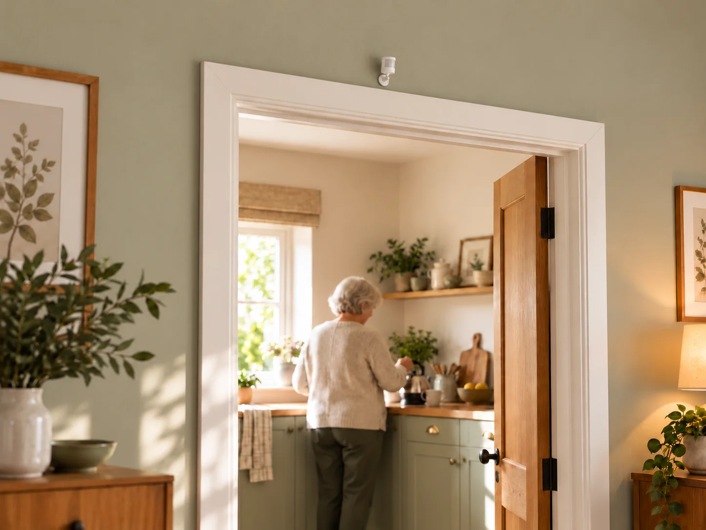 Illustrative scene of a home motion sensor above a doorway while an older adult prepares tea